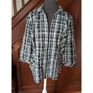 Christopher Banks Black & White Plaid Zip-Up Shirt  Embroidered Swirls Womens L